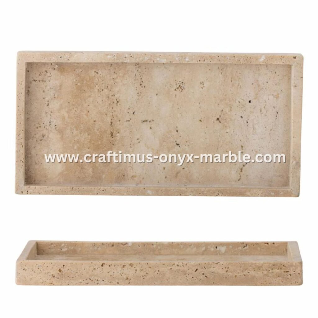 Handcrafted travertine rectangular tray with a textured natural stone surface and visible organic holes, designed as a multipurpose decorative platter for serving food, organizing bathroom essentials, or holding accessories on dining tables, kitchen counters, or vanity spaces.