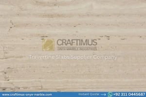 Stacked beige travertine stone slabs