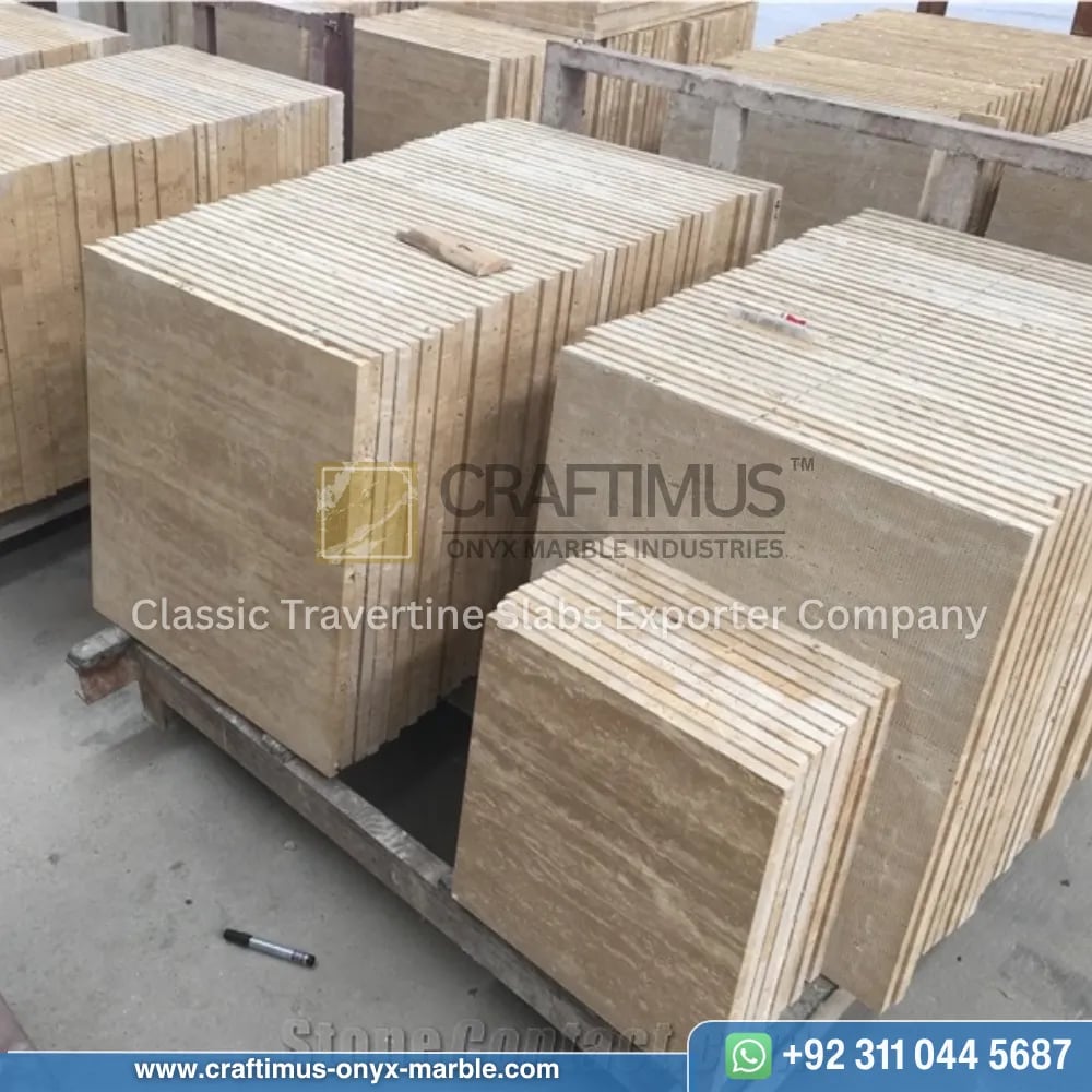 Classic Travertine Slabs on Display at factory