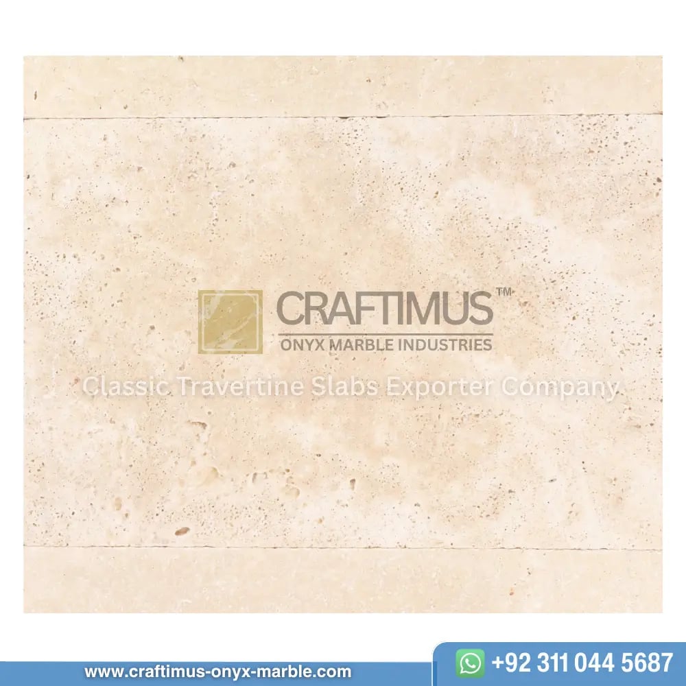 Light beige travertine tile product image with logo watermark and whatsapp number