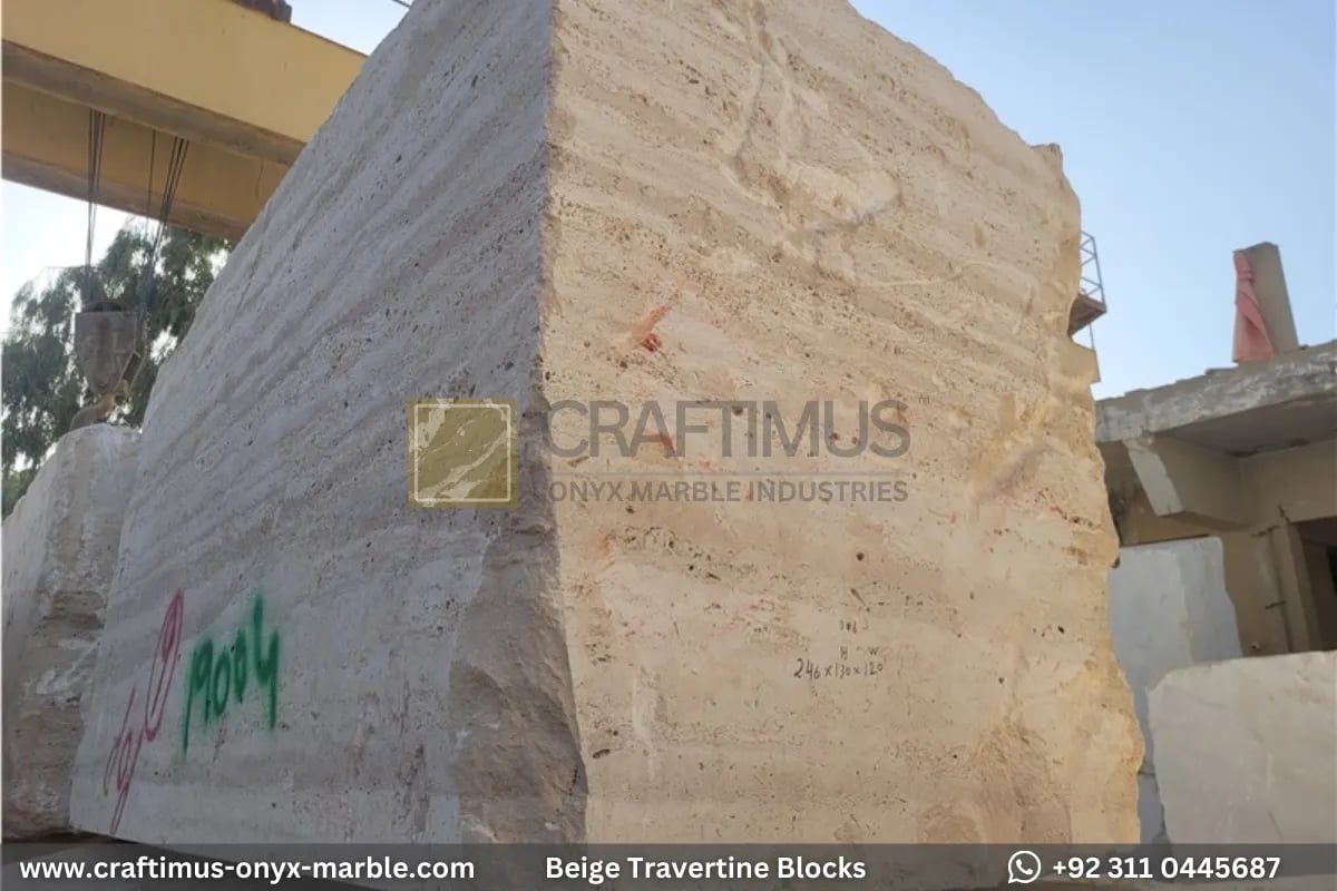 Classic Beige Travertine Blocks at a factory in Pakistan in background