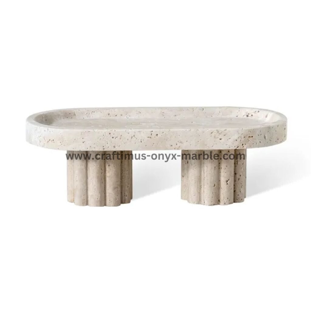 Handcrafted travertine stone tray made in Pakistan for home decor and interior design.