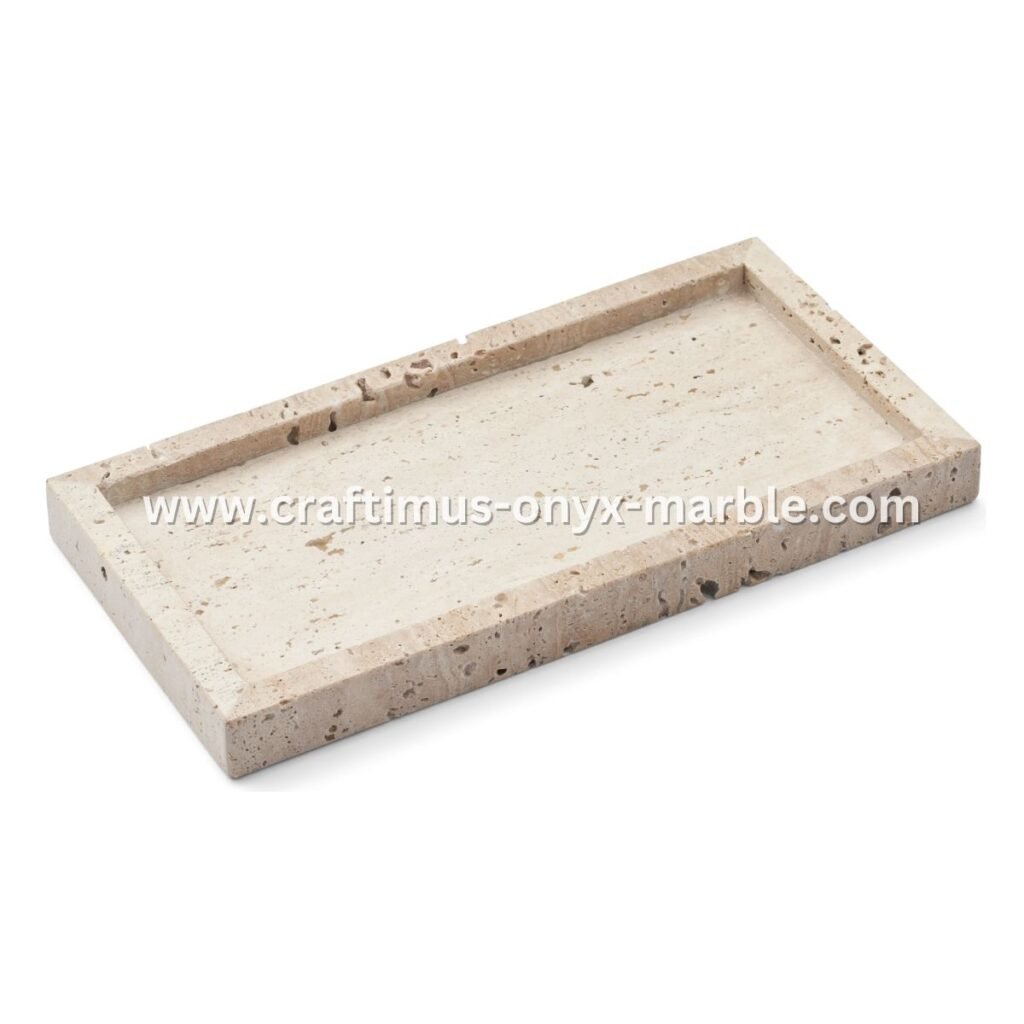 Handcrafted travertine rectangular tray with a textured natural stone surface and visible organic holes, designed as a multipurpose decorative platter for serving food, organizing bathroom essentials, or holding accessories on dining tables, kitchen counters, or vanity spaces.
