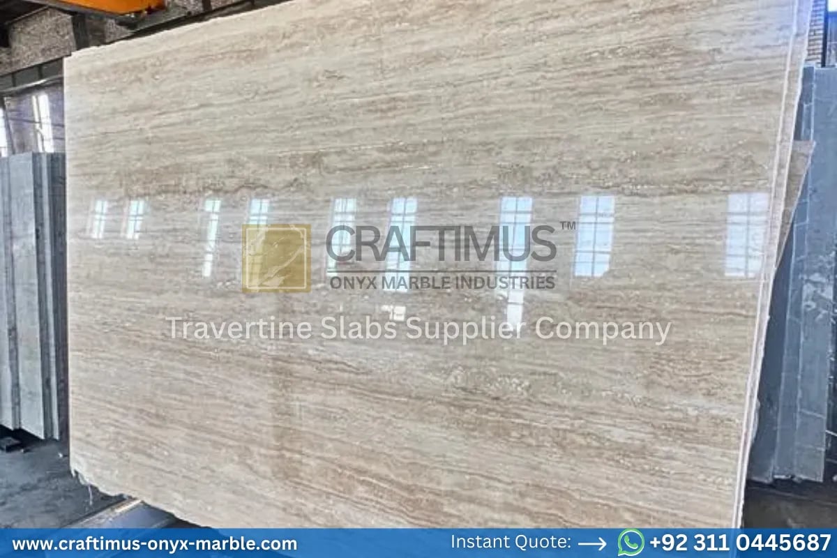 Stacked beige travertine stone slabs