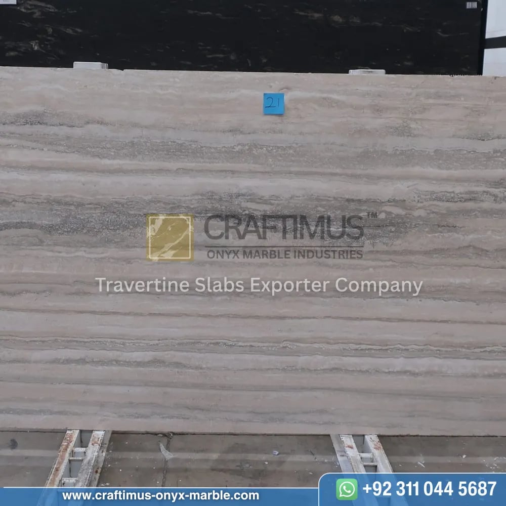 Silver Travertine Slabs Stacked in Factory