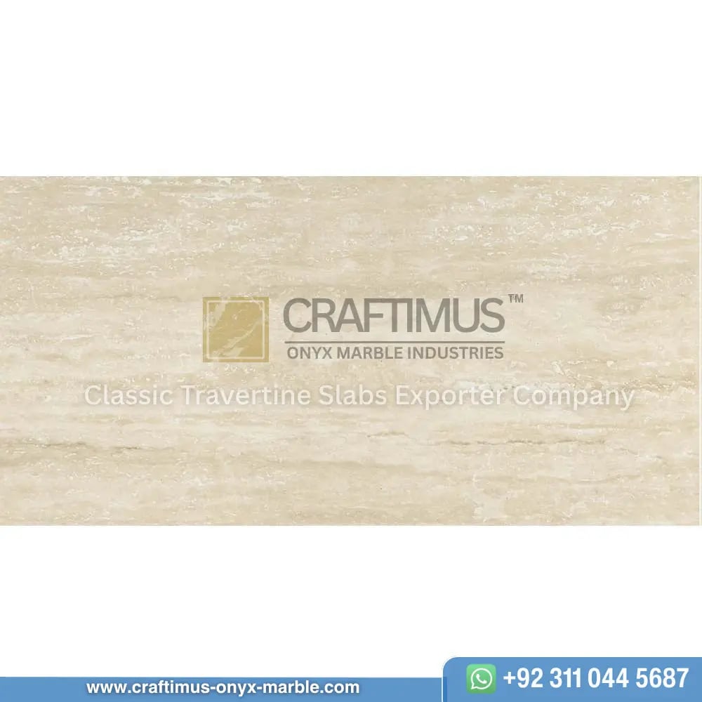 Light beige travertine tile product image with logo watermark and whatsapp number