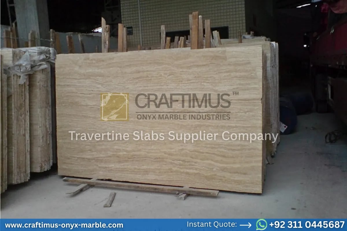 Stacked beige travertine stone slabs