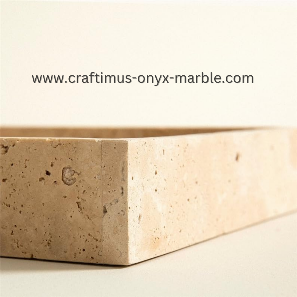 Elegant handcrafted travertine square tray with natural stone texture and unique color variations, perfect for serving, organizing, or decorating home spaces.