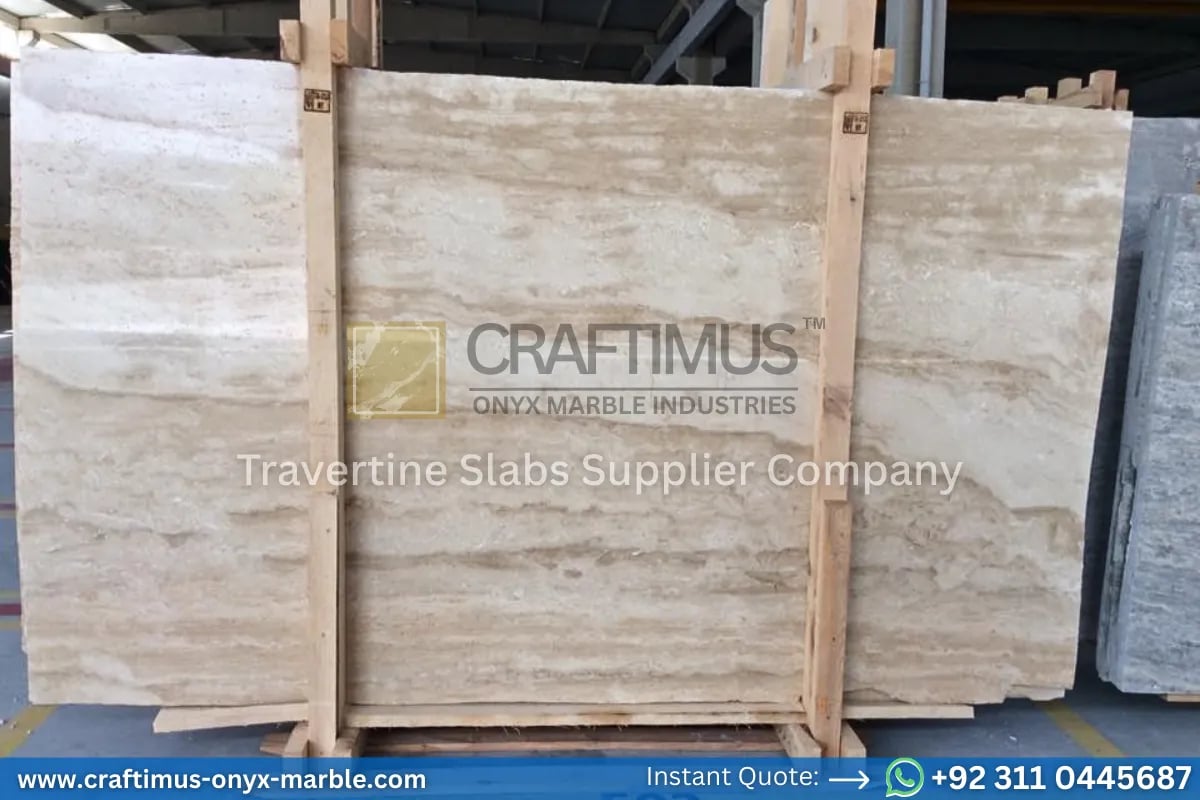 Stacked beige travertine stone slabs
