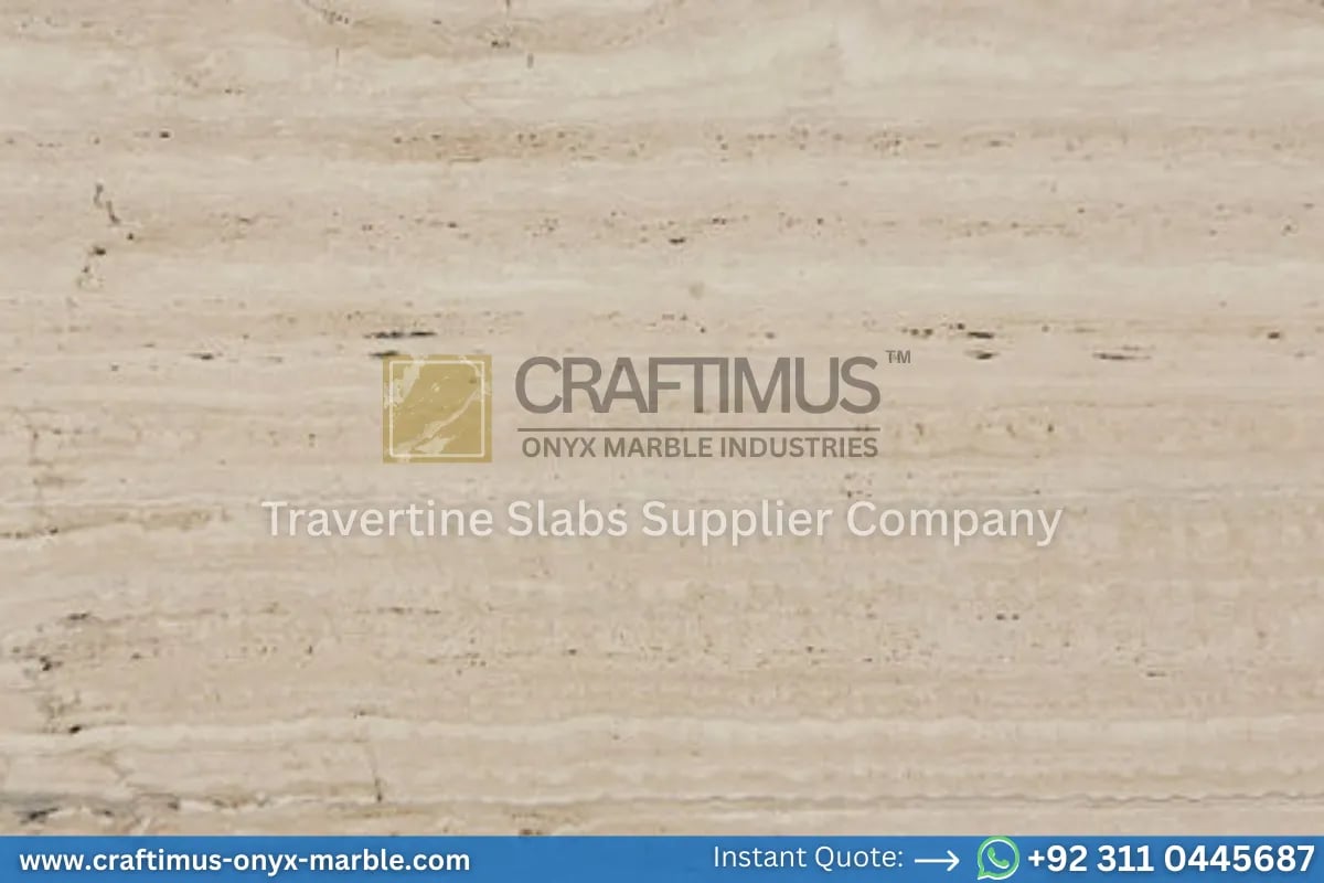 Stacked beige travertine stone slabs