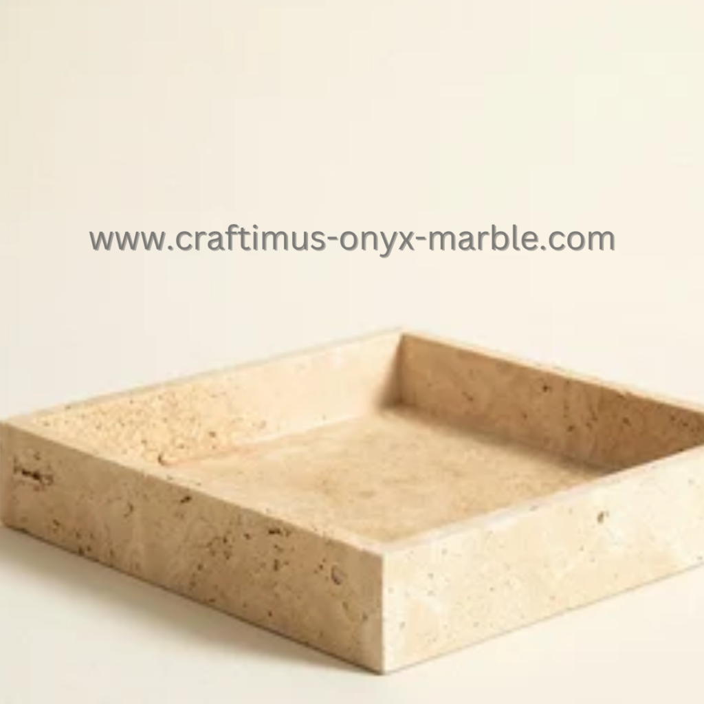 Elegant handcrafted travertine square tray with natural stone texture and unique color variations, perfect for serving, organizing, or decorating home spaces.