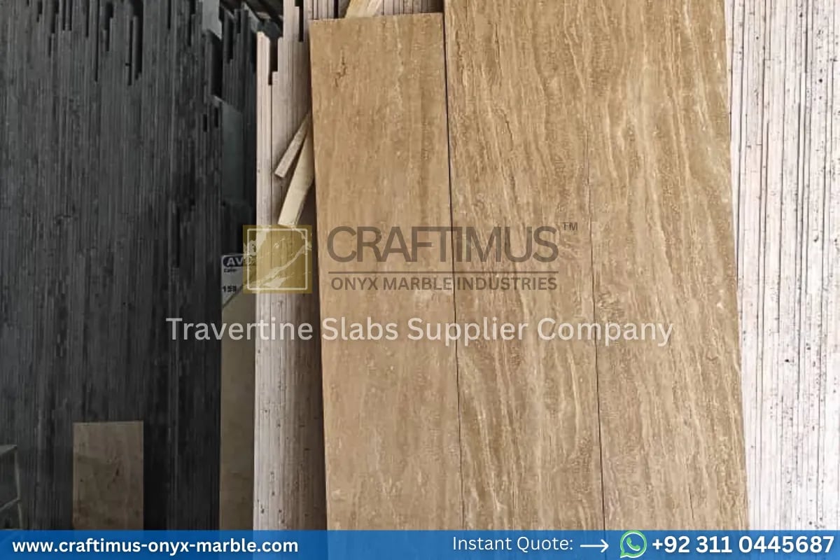 Stacked beige travertine stone slabs