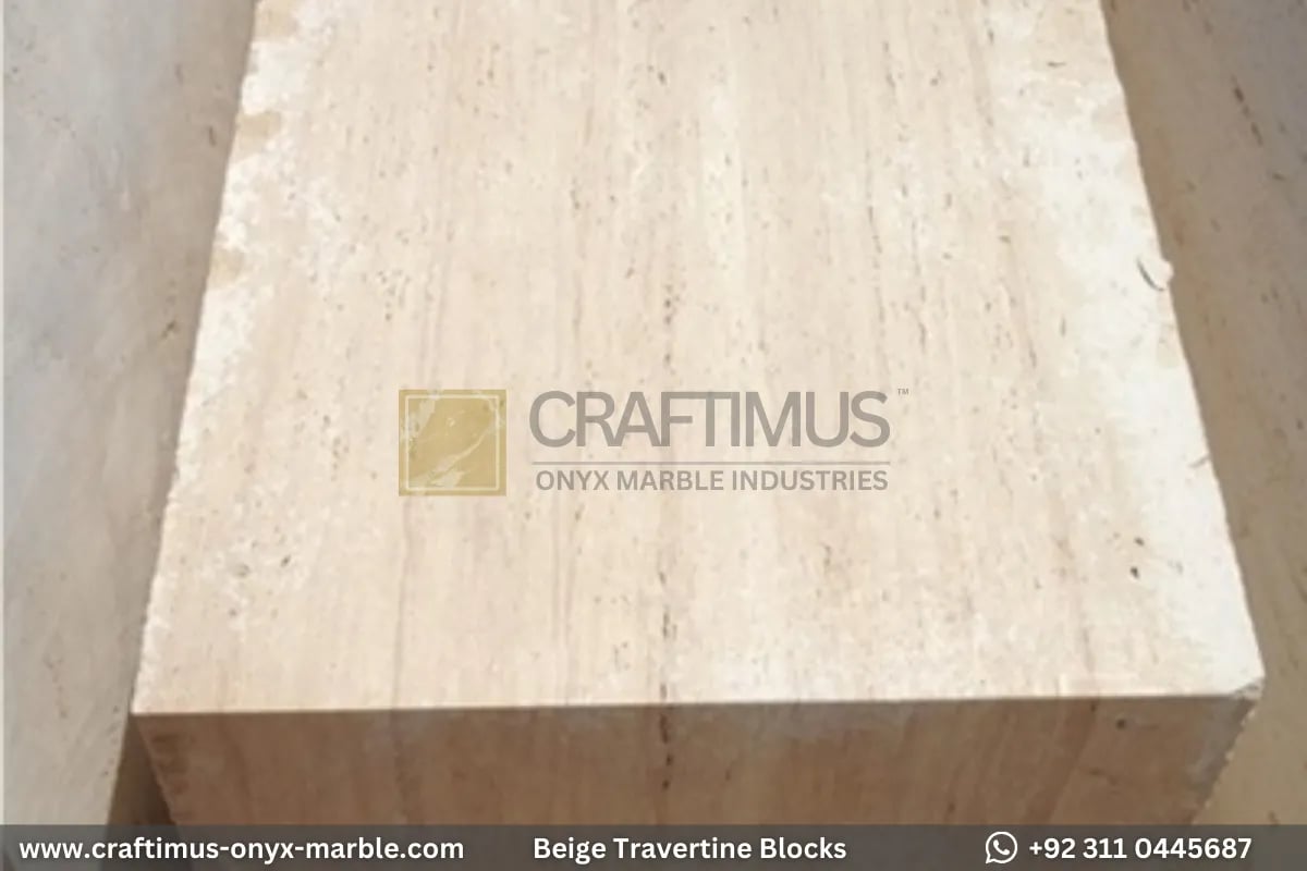 Classic Beige Travertine Blocks at a factory in Pakistan in background