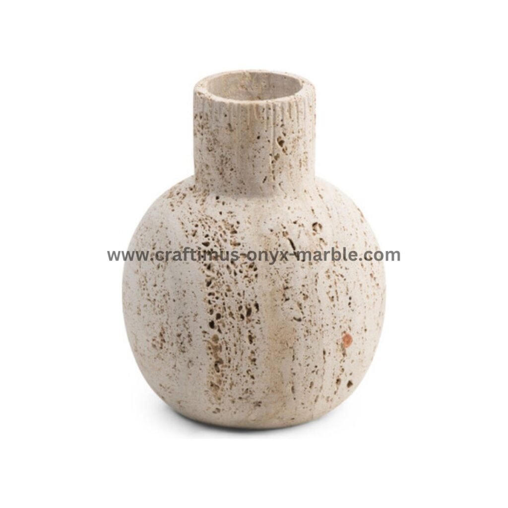 Handcrafted travertine stone vase made in Pakistan for home decor and interior design.