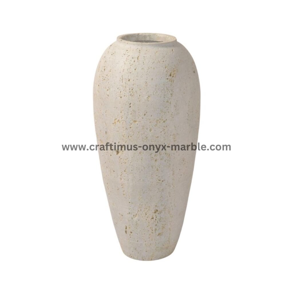 Handcrafted travertine stone vase made in Pakistan for home decor and interior design.