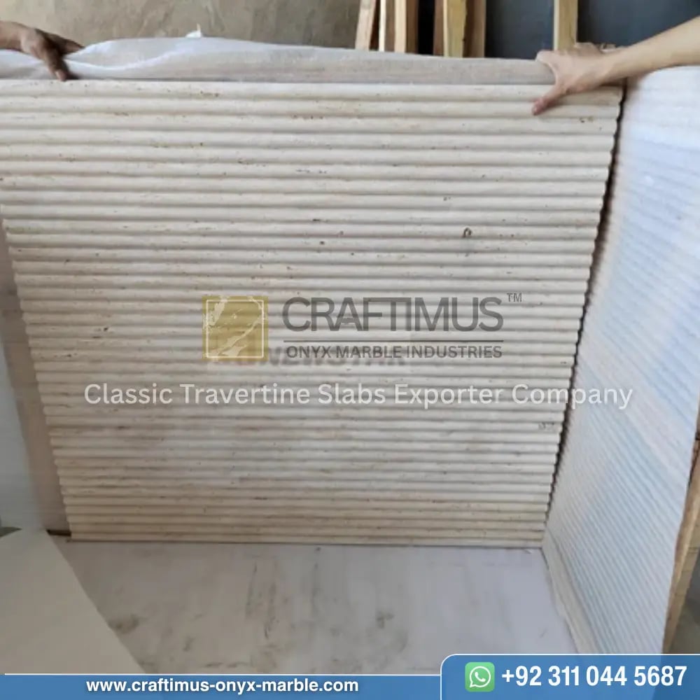 Light Beige Travertine tiles stacked in factory after production