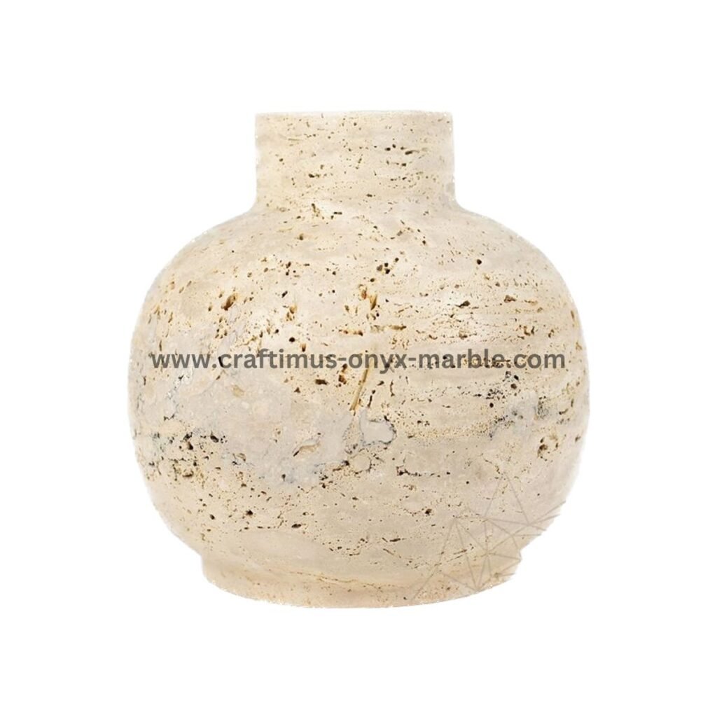 Handcrafted travertine stone vase made in Pakistan for home decor and interior design.