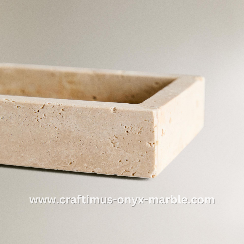 Elegant handcrafted travertine square tray with natural stone texture and unique color variations, perfect for serving, organizing, or decorating home spaces.