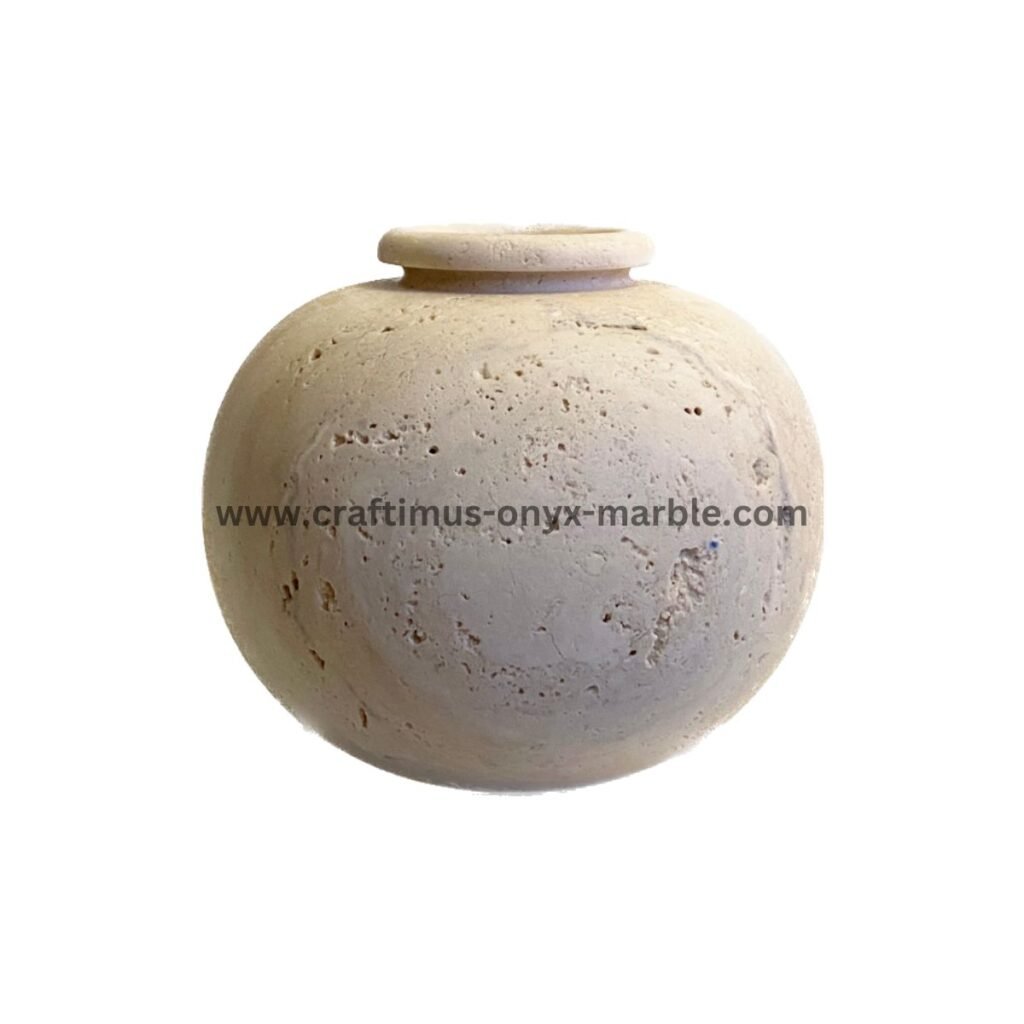 Handcrafted travertine stone vase made in Pakistan for home decor and interior design.