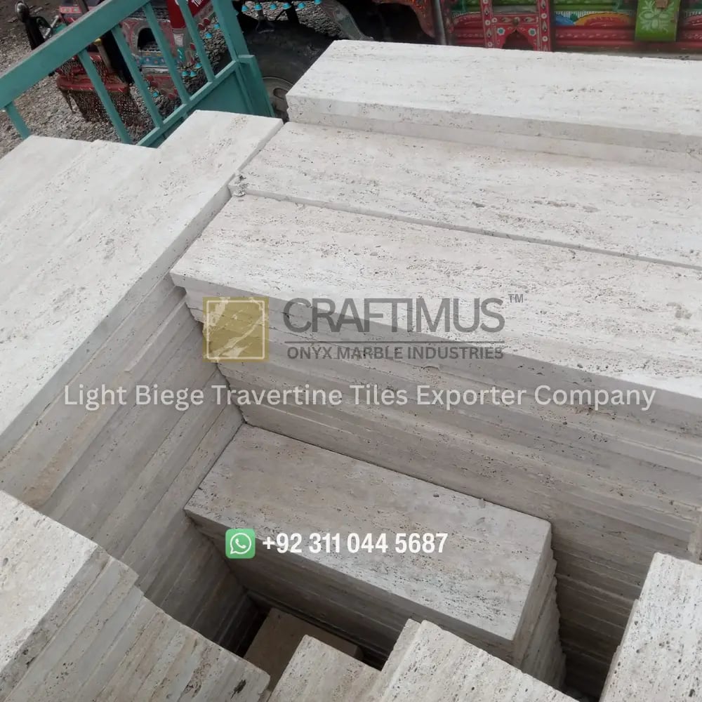 Light-beige-travertine-Tiles-Polished-honed Light Beige Travertine Tiles Loading at Factory