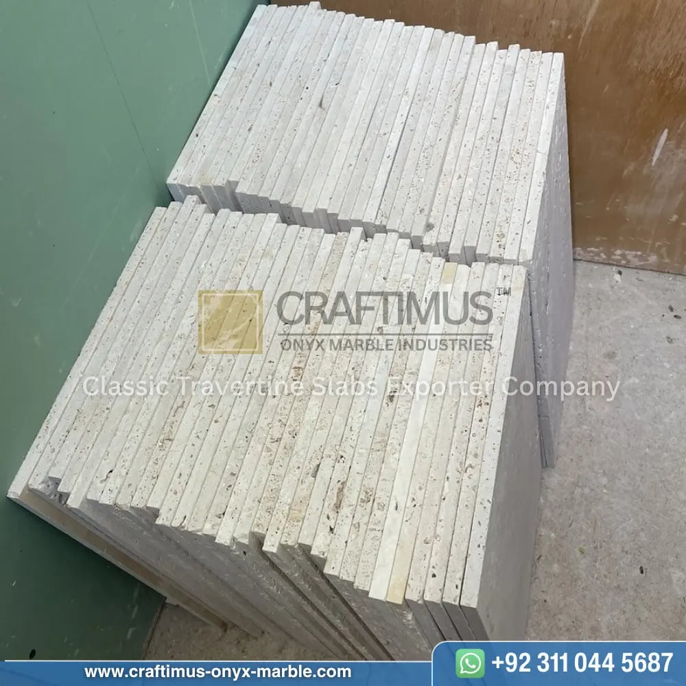 Light Beige Travertine tiles stacked in factory after production