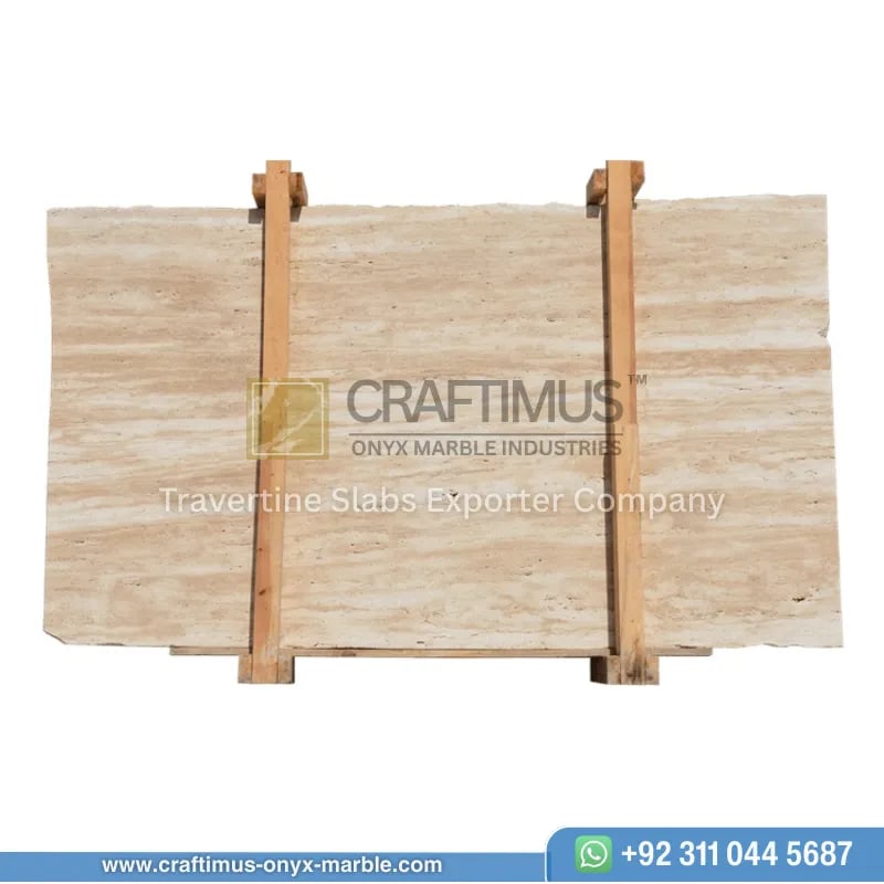 Dark beige Travertine Slabs on display in factory