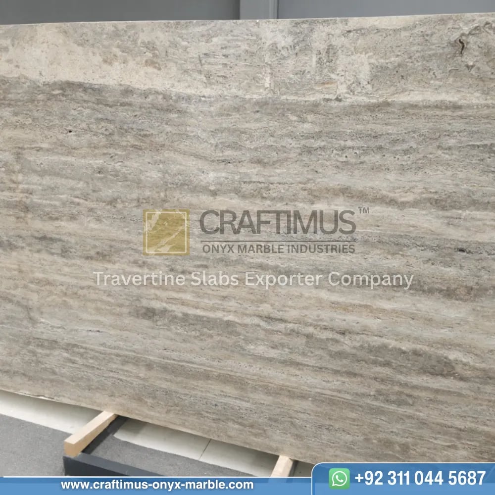 Silver Travertine Slabs Stacked in Factory