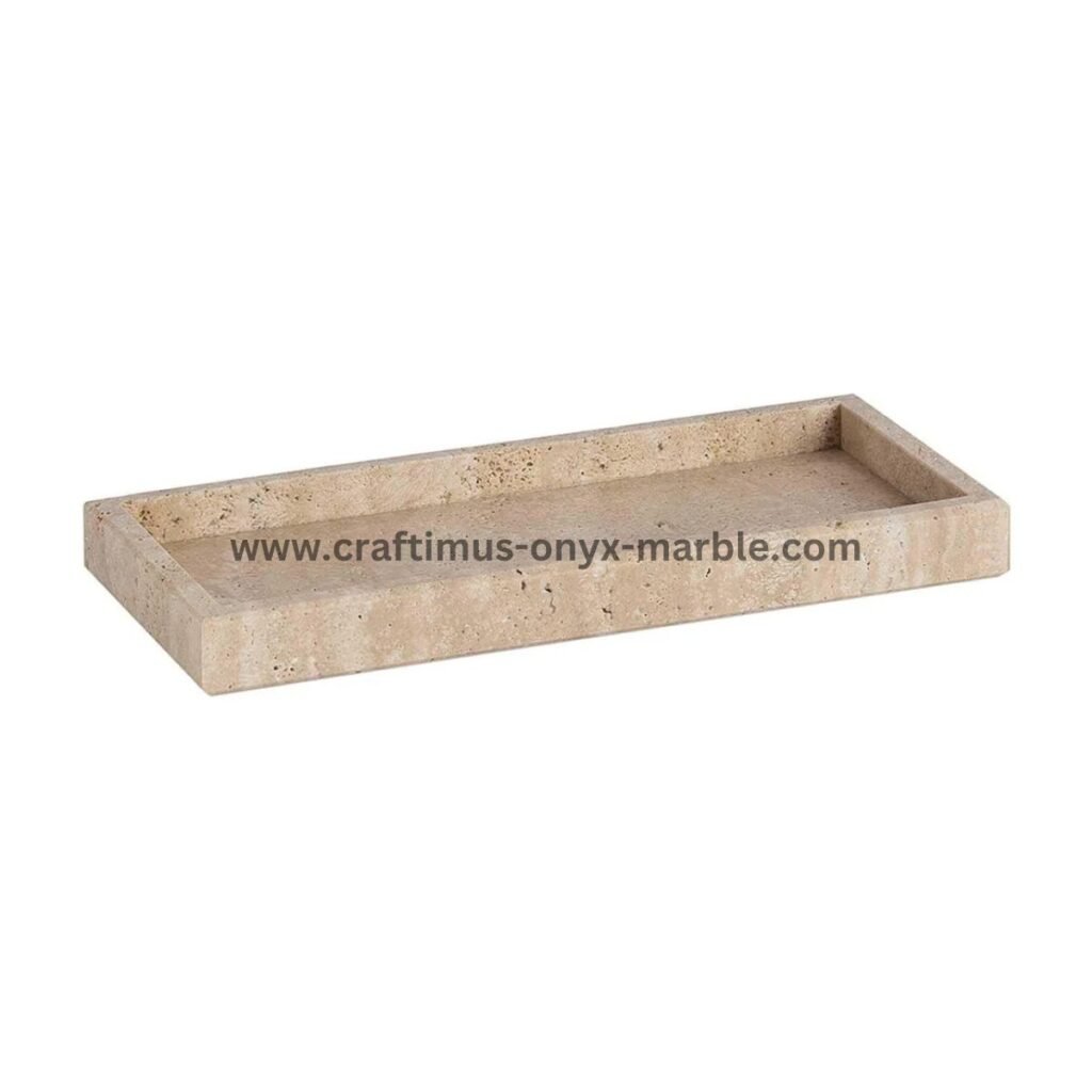 Handcrafted travertine rectangular tray with a textured natural stone surface and visible organic holes, designed as a multipurpose decorative platter for serving food, organizing bathroom essentials, or holding accessories on dining tables, kitchen counters, or vanity spaces.