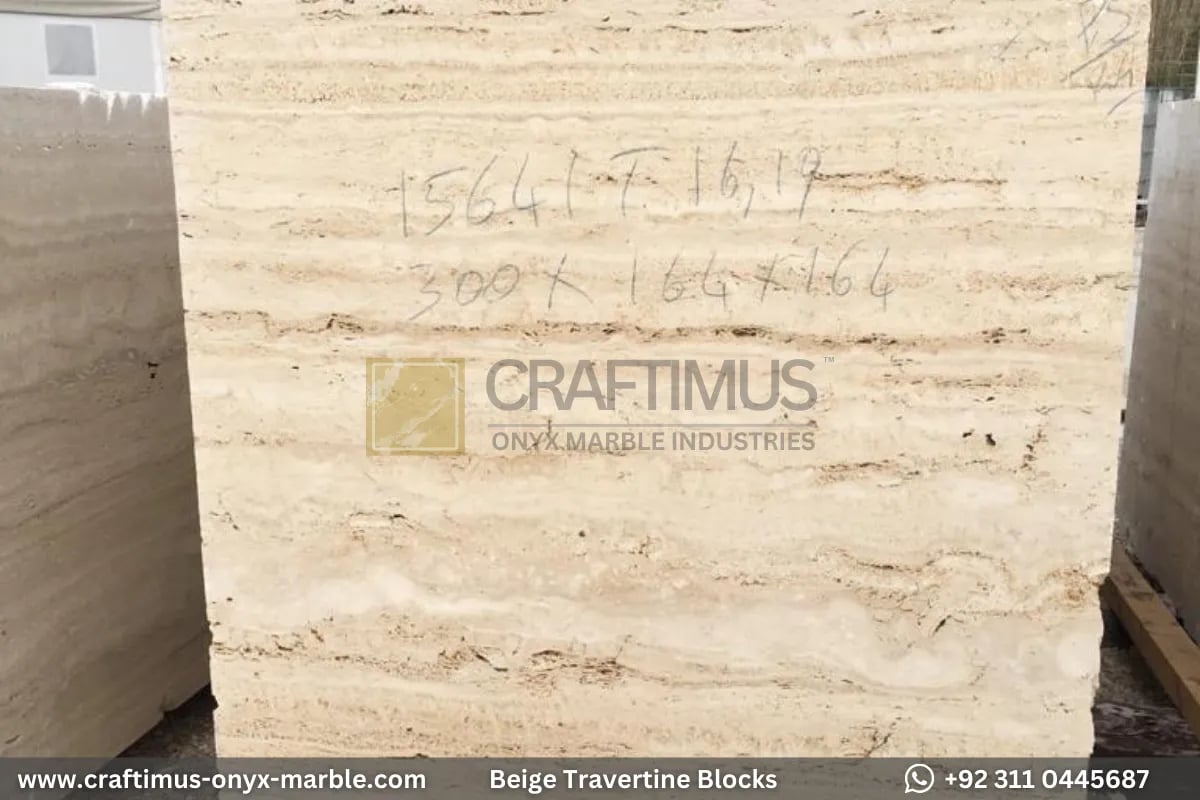 Classic Beige Travertine Blocks at a factory in Pakistan in background