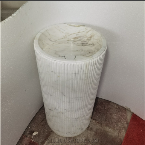 White Marble Fluted Design Pedestal Sinks - Image 1