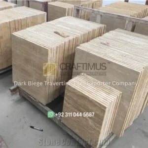 Dark Beige Travertine Tiles Stacked in Factory