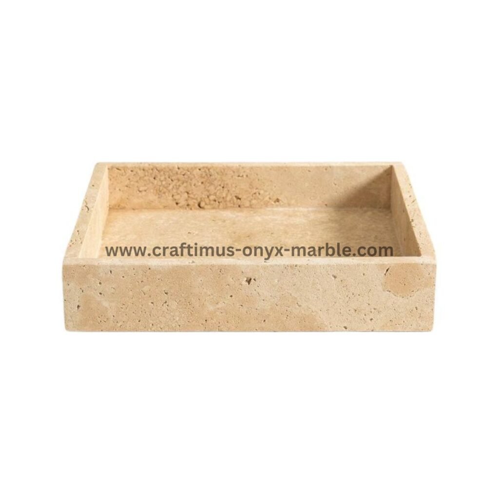 Elegant handcrafted travertine square tray with natural stone texture and unique color variations, perfect for serving, organizing, or decorating home spaces.