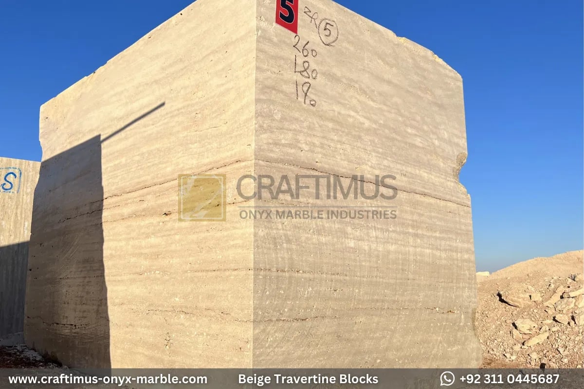Classic Beige Travertine Blocks at a factory in Pakistan in background