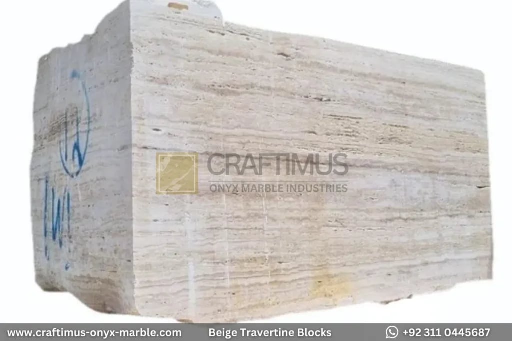 Classic Beige Travertine Blocks at a factory in Pakistan in background