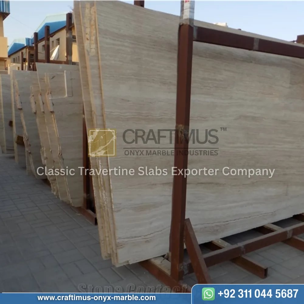 Classic Travertine Slabs on Display at factory