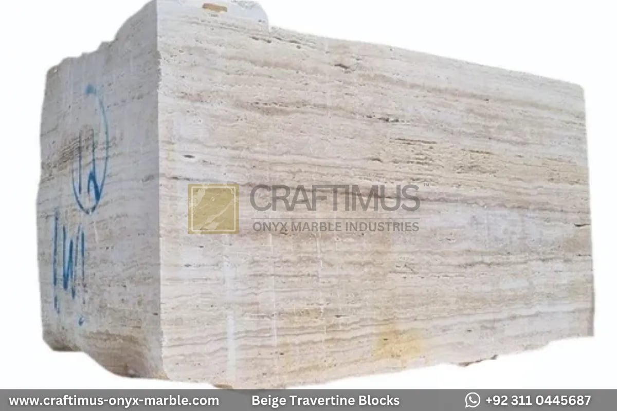 Light-biege-travertine-blocks-15 Classic Beige Travertine Blocks at a factory in Pakistan in background
