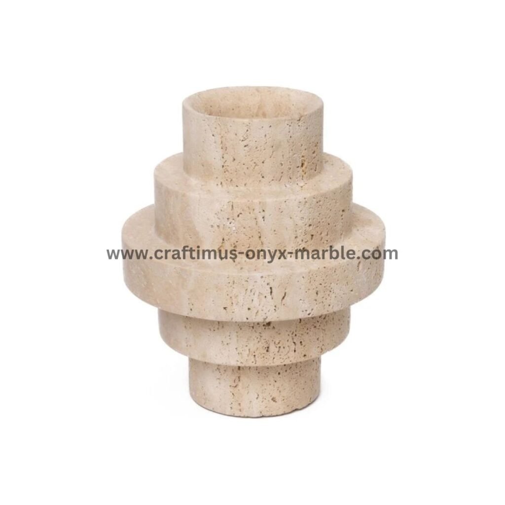 Handcrafted travertine stone vase made in Pakistan for home decor and interior design.