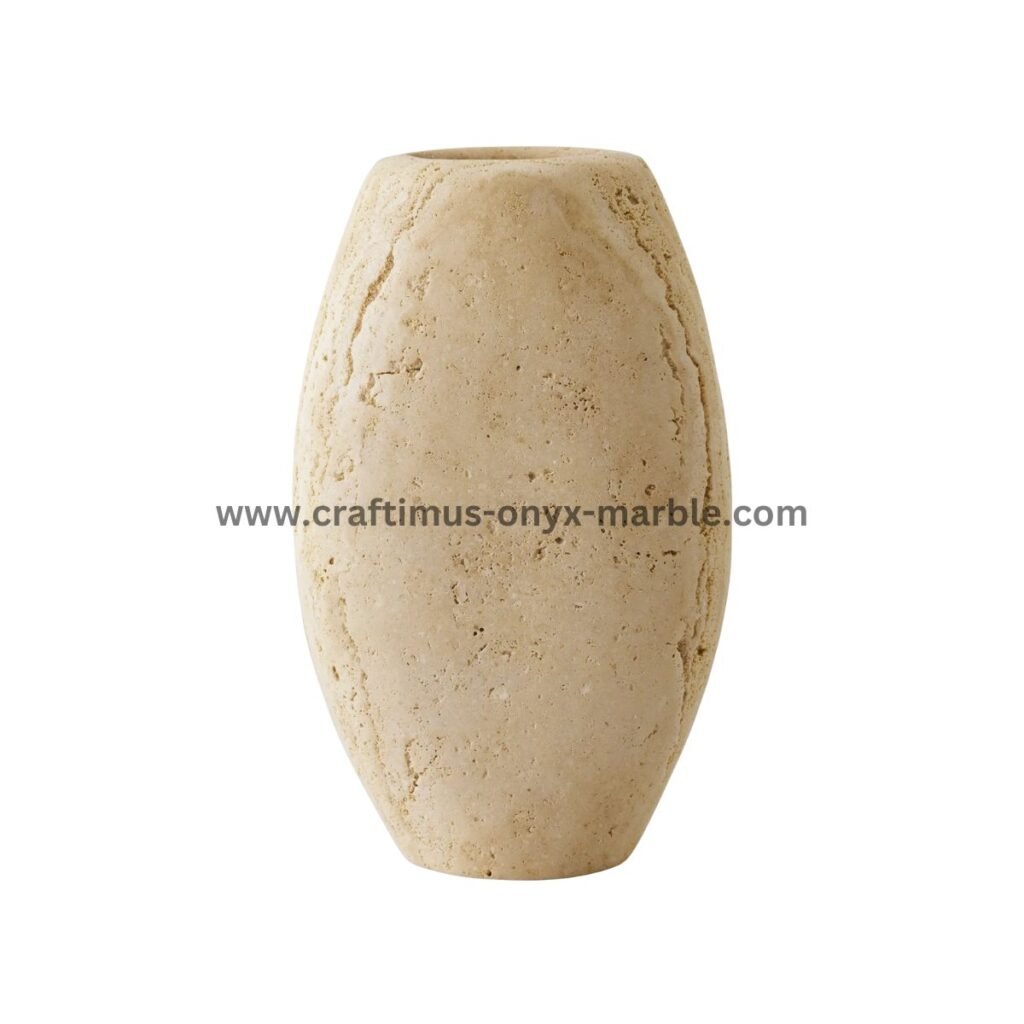 Handcrafted travertine stone vase made in Pakistan for home decor and interior design.