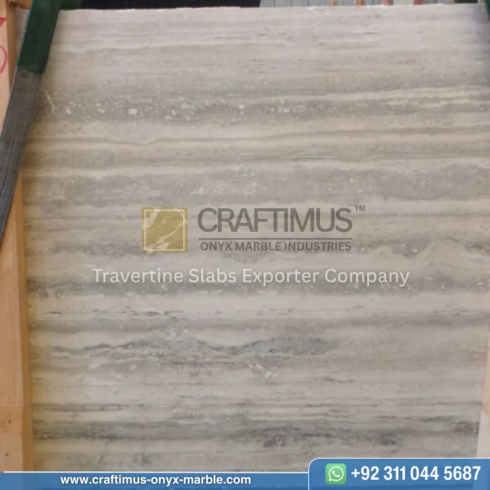 Silver Travertine Slabs Stacked in Factory