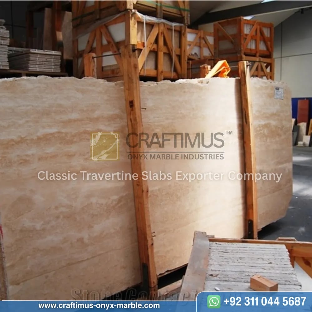 Classic Travertine Slabs on Display at factory
