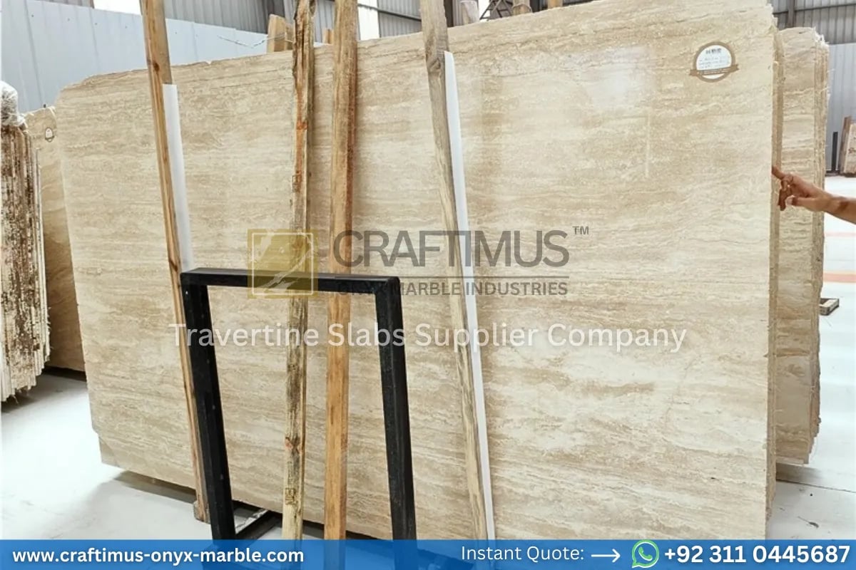 Stacked beige travertine stone slabs