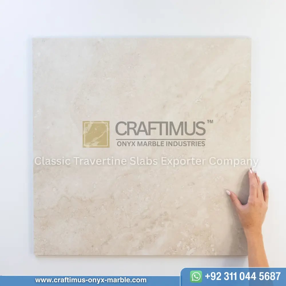 Light beige travertine tile product image with a hand and logo watermark and whatsapp number