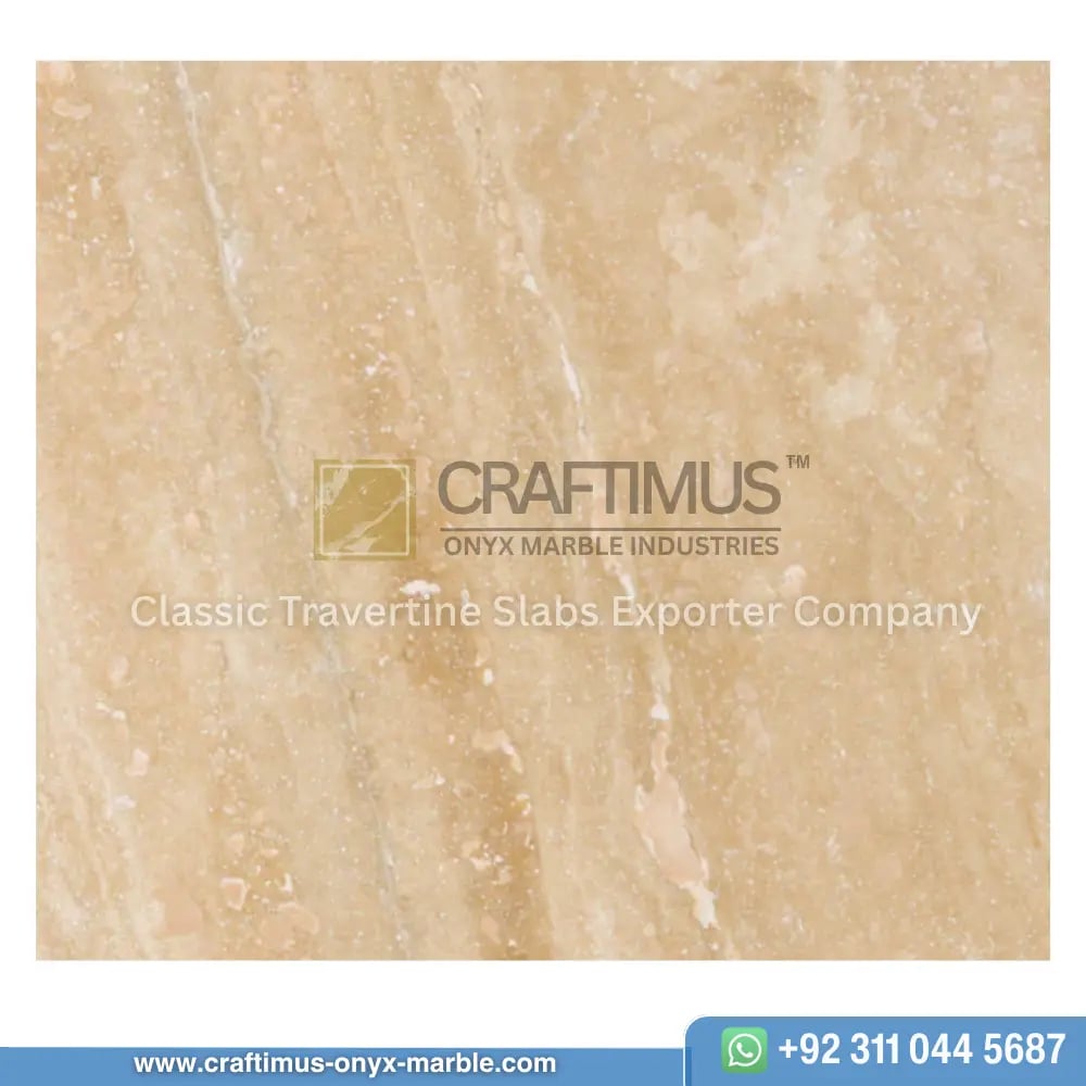 Light beige travertine tile product image with logo watermark and whatsapp number