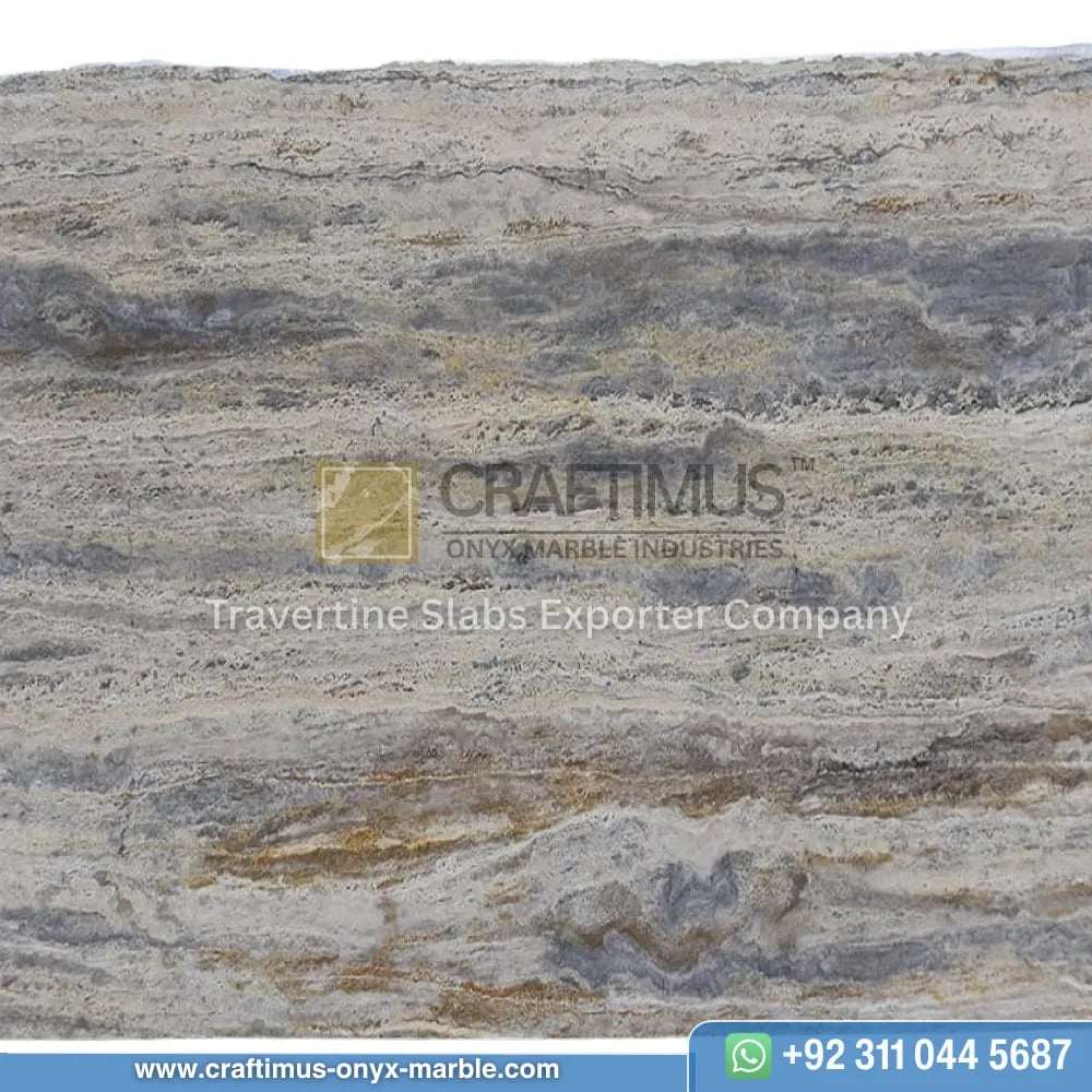 Silver Travertine Slabs Stacked in Factory