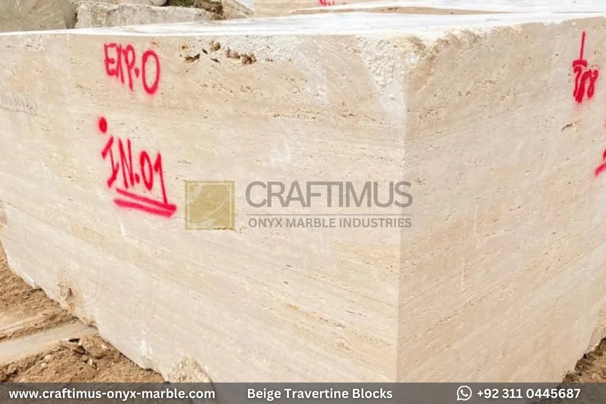 Classic Beige Travertine Blocks at a factory in Pakistan in background