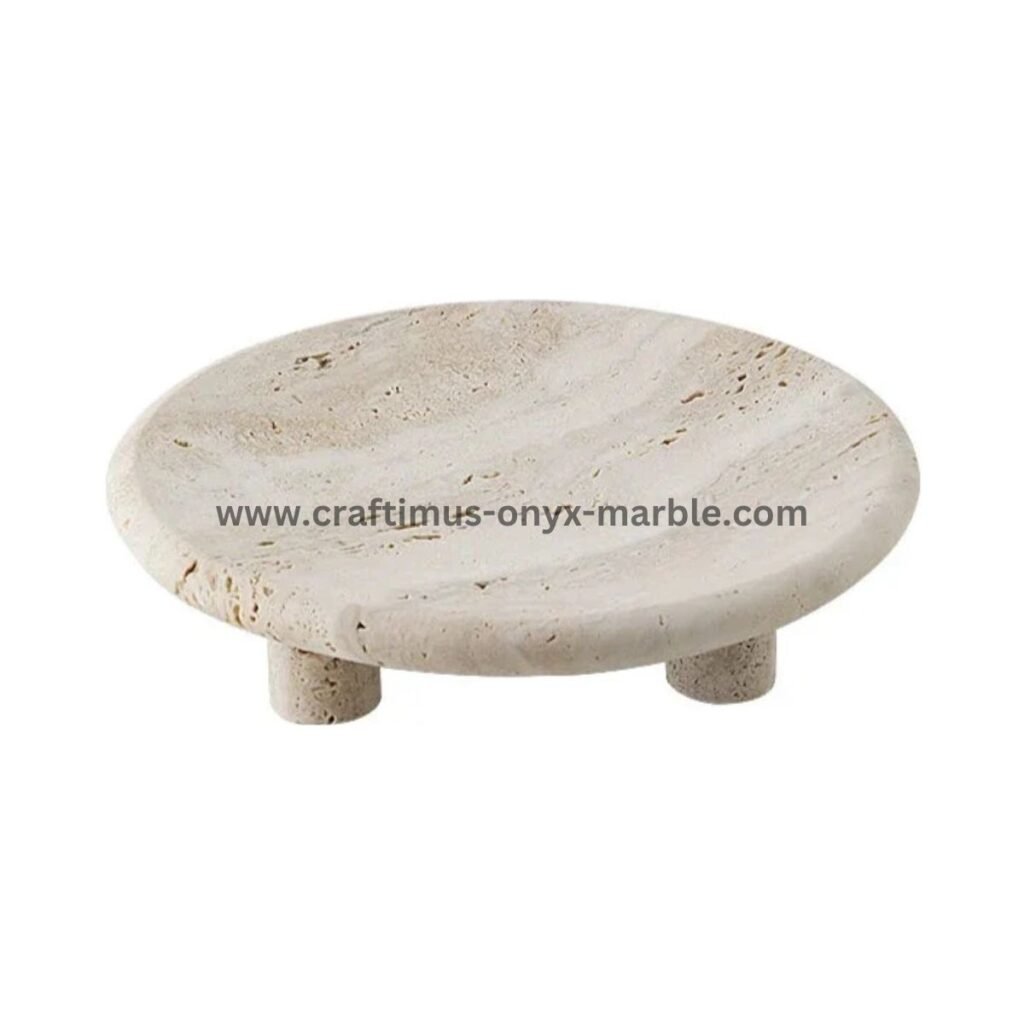 Handcrafted travertine stone tray made in Pakistan for home decor and interior design.