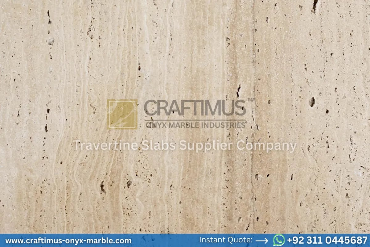 Stacked beige travertine stone slabs