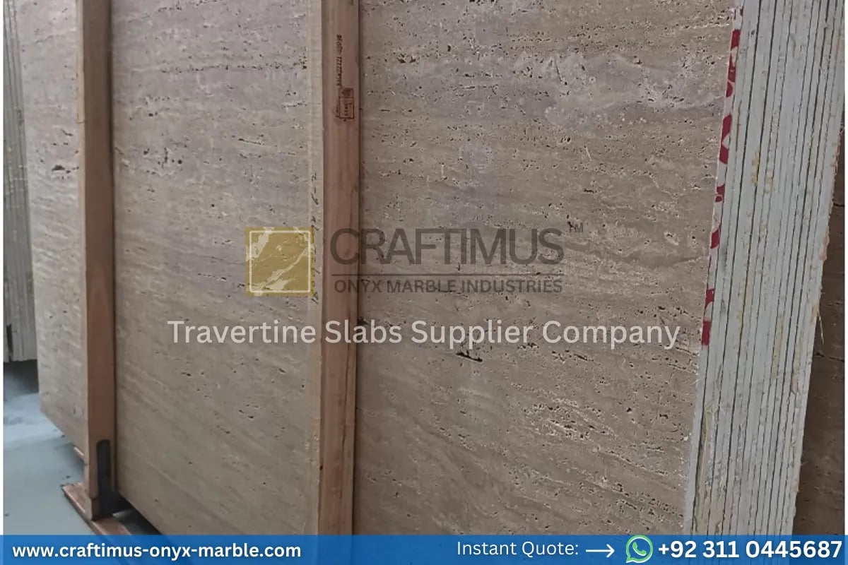 Stacked beige travertine stone slabs