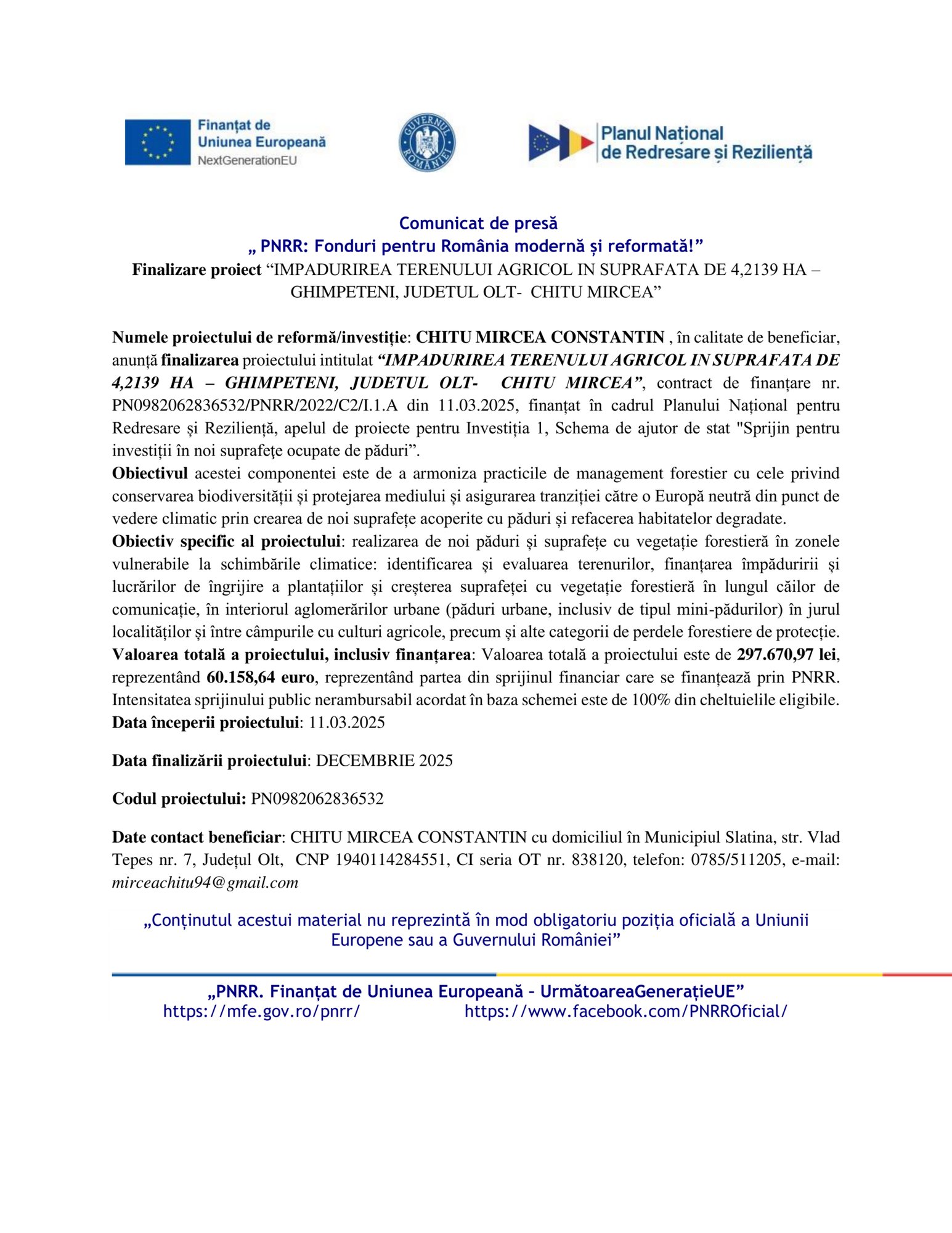 Un comunicat de presă românesc pentru "Test Product 1 Image Upload NU STERGE" anunță finalizarea unui proiect de îmbunătățire a terenurilor agricole în județul Olt, cu logo-uri în partea de sus și detalii despre proiect, finanțare și informații de contact.