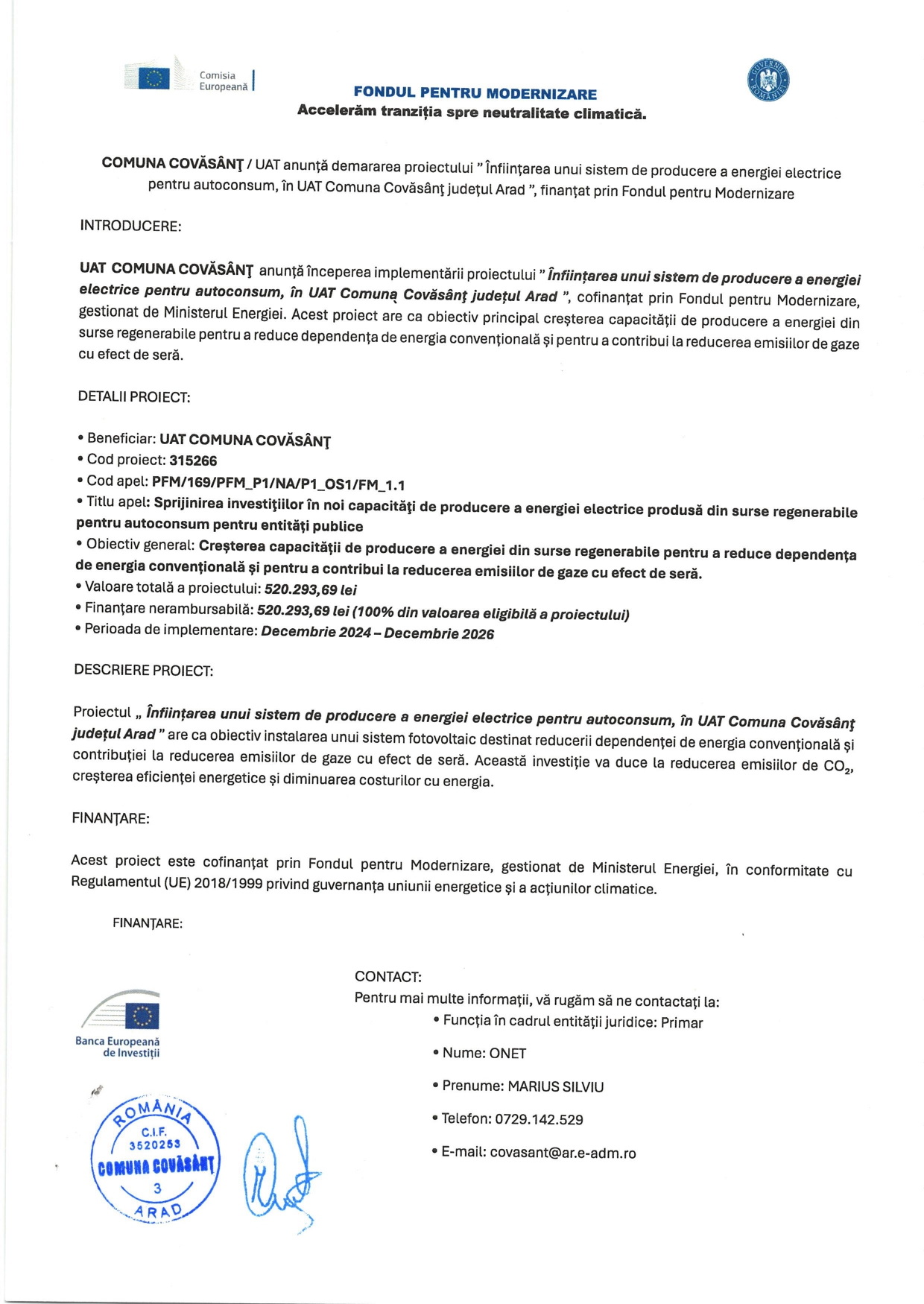 Un document oficial scanat în limba română care anunță un proiect de instalare a unui sistem fotovoltaic pentru a produce energie electrică pentru un autobuz electric în comuna Covăsânț, cu logo-uri, ștampile și detalii despre proiect.